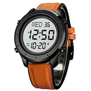Imagem de zolohoni Relógio masculino digital masculino com LED, minimalista, aço inoxidável, à prova d'água, cronômetro, Couro marrom e branco