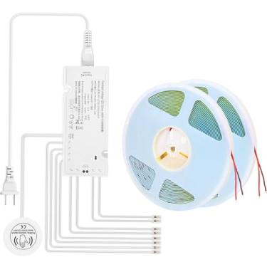 Imagem de CUBITOR Kit de fita de luz LED sob armário, 2 rolos x COB 6500K cortável de 5 metros, potência difusa com 8 JST e 2 tomadas com fio, sensor de toque para estojo seguro para armas, prateleira de livros