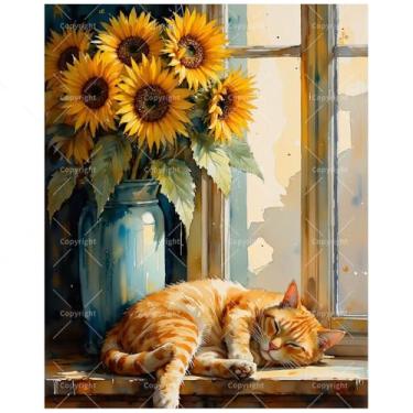 Imagem de Kit de pintura de gato dormindo por números para adultos - DIY gato laranja e girassóis por pintura de janela em tela 40 x 50 cm, conjunto de tinta acrílica emoldurada, adequado para iniciantes, arte