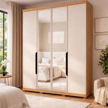 Imagem de Guarda-roupa 100% Mdf Solteiro 4 Portas com Espelho Barcelona Off White/Carvalho