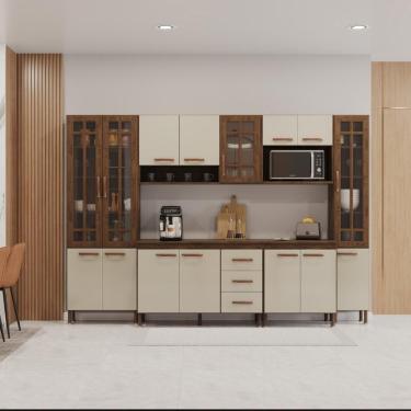 Imagem de Cozinha Modulada Completa Fidelitá Lisboa 6 Peças 295cm 15 Portas 3 Gavetas Com Tampo Noce/off-white