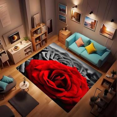 Imagem de LUCKYYOUGAN Tapete grande para decoração, rosa romântica preto e branco vermelho pintura abstrata tapete de sala de estar tapetes de área de quarto tapetes de casa antiderrapante cristal poliéster
