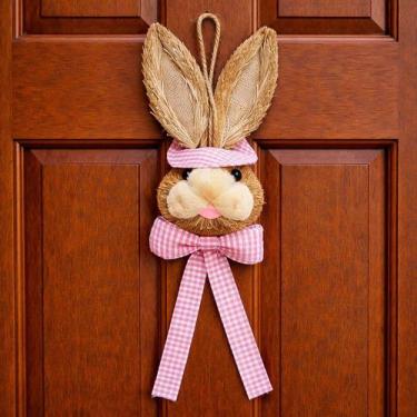 Imagem de Decoração Páscoa Pendente Cabeça Coelho Com Laço Palha 40cm - Genérico