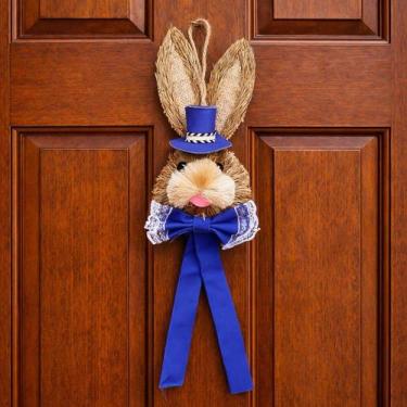 Imagem de Pendente Cabeça Coelho Com Laço Decoração Páscoa Palha 40cm - Genérico