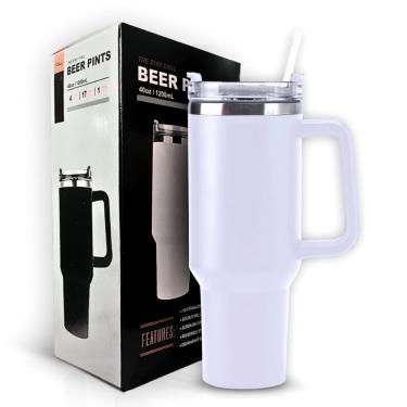 Imagem de Copo Térmico Cor Branco Grande 1200 Ml Canudo Parede Dupla