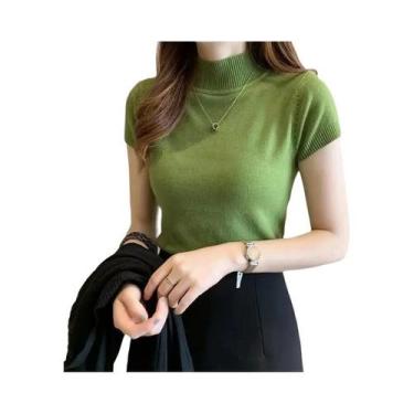 Imagem de Camiseta Feminina De Manga Curta Com Gola Alta Em Cor Sólida, Top De V