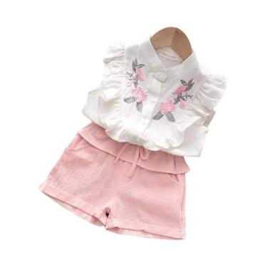 Imagem de Conjunto de Roupas Infantil Verão - Camisa e Shorts Bordados sem Manga