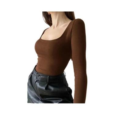 Imagem de Camisetas Femininas De Manga Longa Verde Com Gola Quadrada, Tops Cropp