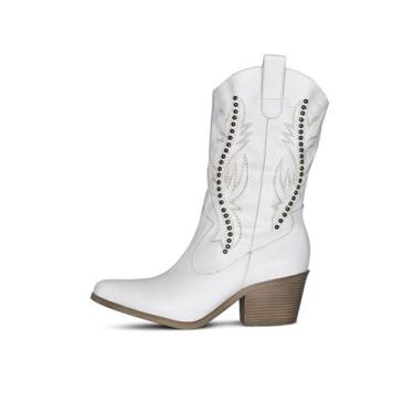 Imagem de Bota Texana Cano Curto Branco Salto 6 Com Bordado Country Cor:BrancoTa