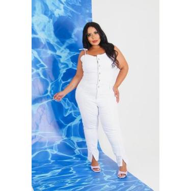 Imagem de Macacão jeans plus size feminino - Kastore, Branco, 56