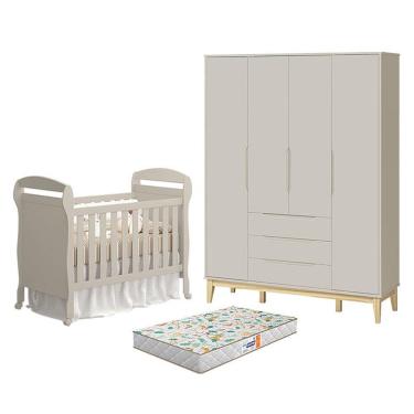 Imagem de Kit Berço Americano Danny com Colchão Gazin e Guarda Roupa 4 Portas 3 Gavetas MDF 148cm Bege Reller Móveis