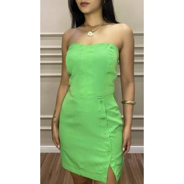 Imagem de Conjunto feminino cropped sem alça e saia - Niva, Verde, P,  96 poliés