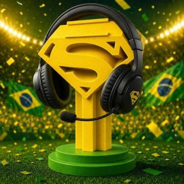 Imagem de Suporte HEADSET Headphone Superman Tema Brasil Copa Para Gamers e Fãs 