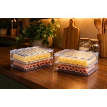 Imagem de Kit Porta Frios Presunto Queijo Kit Acrílico Resistente Duplo Com Tamp