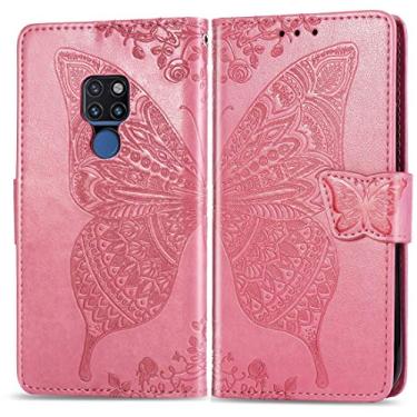 Imagem de Capa para celular com estampa de borboletas e flores em relevo horizontal para Huawei Mate 20, com suporte e compartimentos para cartões, carteira e cordão (preto) bolsas (cor: rosa)