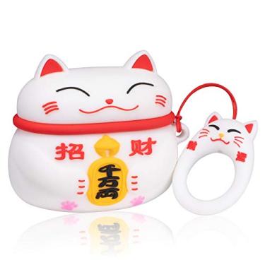 Imagem de Coralogo Capa para Airpods Pro 2019/Pro 2 Geração 2022 Bonito, Personagem Animal 3D Silicone Desenhos Animados Airpod Skin Engraçado Divertido Design de Chaveiro Legal Crianças Adolescentes Meninas Meninos Capas de Ar Pods Pro (Gato Sortudo Branco)