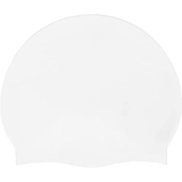 Imagem de Toucas de natação de silicone, elásticos antiderrapantes fixos, bonés de natação seguros à prova d'água com bolsa de armazenamento para cabelos longos e curtos femininos, homens, crianças (branco)
