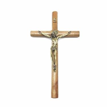 Imagem de Crucifixo Parede Cilíndrico Cristo Metal São Bento Dourado 26 cm