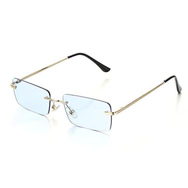 Imagem de Óculos ovais sem moldura femininos óculos de sol ovais vintage com lente de corte de diamantes óculos de sol vintage óculos de sol uv400, azul claro, multi