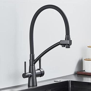 Imagem de Torneira de pia de cozinha torneira misturador de filtro de água pura guindaste duplo alças de purificação torneira de cozinha quente e fria, preto fosco A, China