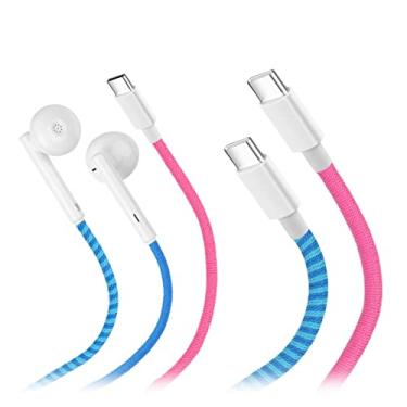 Imagem de URIZONS 2 pacotes de fones de ouvido trançados USB C, fones de ouvido coloridos, fones de ouvido intra-auriculares com microfone + cabos de carregamento USB C PD 2 horas totalmente carregados