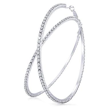 Imagem de Brincos grandes de argola de strass brilhantes brilhantes brincos de argola grandes para festa de casamento lembrancinha de festa de casamento, 80 mm, prata e strass, prata e strass