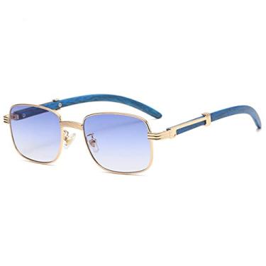 Imagem de Óculos de sol com armação de metal de grão de madeira quadrado vintage para mulheres moda lente clara elegante óculos de sol masculino hip hop, azul dourado, com estojo