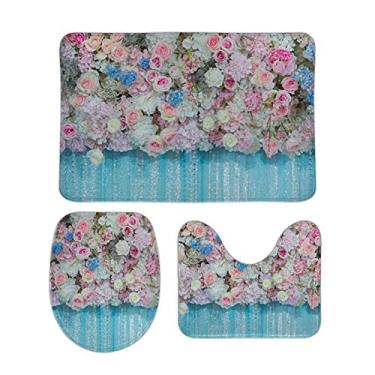 Imagem de Conjunto de tapetes e tapetes de banheiro com 3 peças de decoração de flor rosa rosa, tapete de banheiro de espuma viscoelástica lavável antiderrapante tapete de contorno e tampa para banheiro
