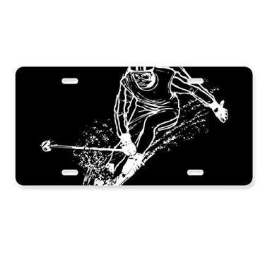 Imagem de DIYthinker Etiqueta de aço inoxidável para decoração de placa de carro com ilustração de esqui preto para esportes de inverno