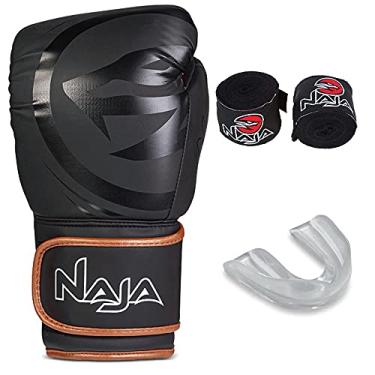 Imagem de Kit Luva de Boxe Naja Black Line Preto com Bronze + Bandagem + Bucal-16oz