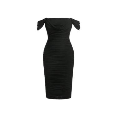 Imagem de Camisa Feminina Off Shoulder Ruched Mesh Bodycon Dress (Color : Black, Size : CH)