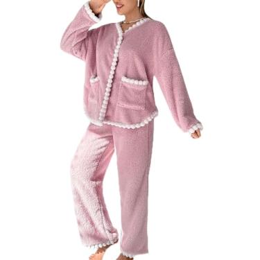 Imagem de MakeMeChic Conjunto de pijama feminino de flanela de 2 peças, calça felpuda e abotoada, roupa de dormir, Rosa empoeirado, M