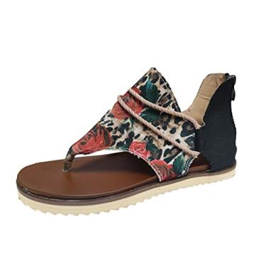 Imagem de Sandálias femininas elegantes sandálias planas elegantes com zíper floral estampado chinelos respiráveis peep toe sandálias, Vermelho, 9