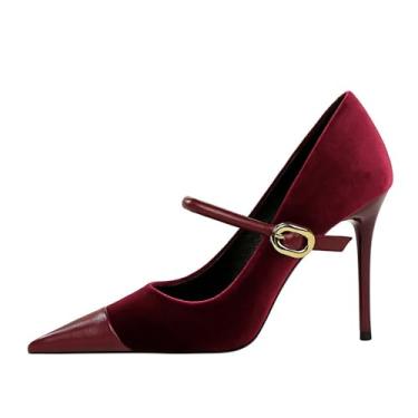 Imagem de YGJKLIS Sandálias femininas de 10 cm de salto alto com fivela no tornozelo bloco de cores camurça pontiaguda bico fechado clássico stiletto, Vermelho, 6.5