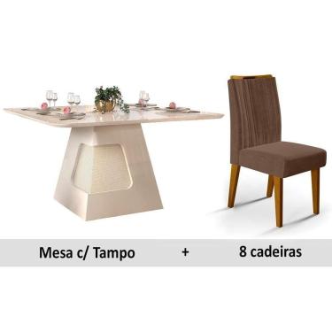 Imagem de Conjunto: Mesa Sala Jantar Dala Madeirado c/ Vidro 136cm + 8 Cadeiras Ísis Ipê/Moca - DJ Móveis