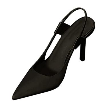 Imagem de CsgrFagr 2023 primavera e outono nova seda bico fino sapatos únicos salto fino sandálias femininas de couro, Preto, 6.5