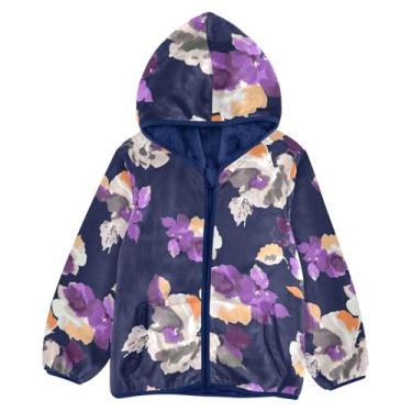 Imagem de KLL Pequena jaqueta de lã com capuz floral colorida para bebês meninas jaqueta leve azul marinho leve zíper 3T, Floral colorido pequeno, 6 Anos