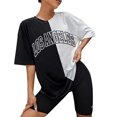 Imagem de Los Angeles Califórnia – Camiseta vintage grande para mulheres pulôver manga curta ombro caído Meninas adolescentes Camiseta Ajuste solto Casual feminino cor Top Retalhos H46-Branco 3X-Large