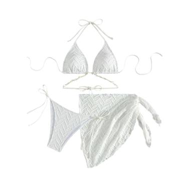 Imagem de WDIRARA Conjunto de biquíni feminino com 3 peças de amarrar nas costas, sutiã triangular e cintura alta, conjunto de biquíni com minissaia, Branco, G