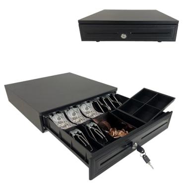 Imagem de Gaveta de caixa registradora eletrônica de 40 cm para sistema de ponto de venda (POS) com bandeja de dinheiro de 7 notas e 5 moedas, compartimento removível para moedas, 24 V, aço resistente preto -
