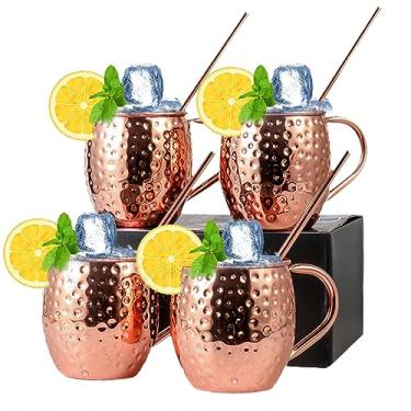 Imagem de XCPHGFM Conjunto de canecas de cobre Moscow Mule com 4 canecas de revestimento de cobre puro Copo para beber em aço inoxidável de 18 onças com 4 canudos de cobre para coquetel Conjunto de presente pa