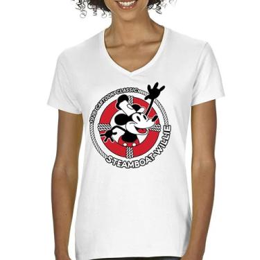 Imagem de Camiseta feminina Steamboat Willie Life Preserver gola V engraçada clássica desenho animado praia Vibe Mouse in a Lifebuoy Silly Retro Tee, Branco, M