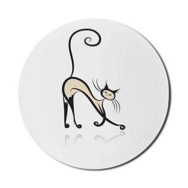 Imagem de Lunarable Mouse pad marfim e preto para computadores, design de gato siamês oriental casa oriental cauda e pés espiralados, redondo antiderrapante borracha grossa moderno mousepad para jogos, redondo