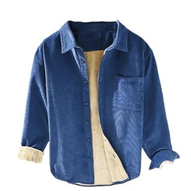 Imagem de Camisa masculina de inverno para uso diário, casual, espessa, algodão, veludo cotelê, manga comprida, cáqui, camiseta quente, Azul, G