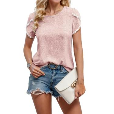 Imagem de Cnlinkco Blusa feminina casual de verão, gola redonda, renda, crochê, manga curta, linda estampa floral, túnica solta, rosa, P