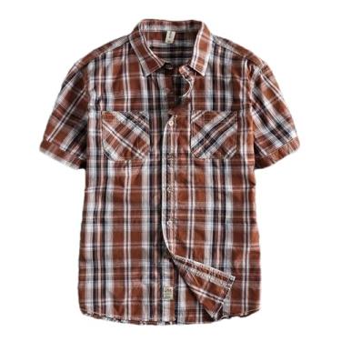 Imagem de Camisa masculina xadrez clássica de manga curta tendência diária de verão camiseta de algodão lavado meia manga, Marrom, GG