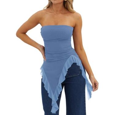 Imagem de Imily Bela Camiseta feminina assimétrica sem alças com bainha com babados e caimento justo Y2K, Azul, cinza, G