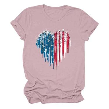Imagem de Camiseta feminina de 4 de julho, gola redonda, mangas curtas, vermelho, branco, azul, bandeira dos EUA, tops de treino de verão, Rosa choque - 1, M