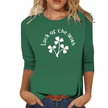 Imagem de Camiseta feminina de trevo do Dia de São Patrício Lucky Shamrock verde túnica tops modernos com gola redonda básica, Bege, XXG