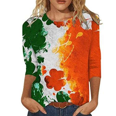 Imagem de Camisetas femininas do Dia de São Patrício Lucky Irish Shamrock verde túnica verde camiseta manga 3/4 verão, Laranja, G